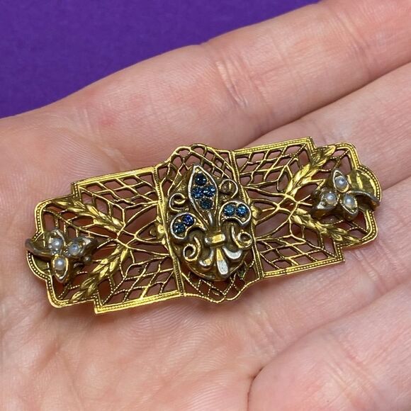 💛 Antique Victorian Gold Filled Blue Paste & Seed Pearl Brooch - Picture 5 of 5